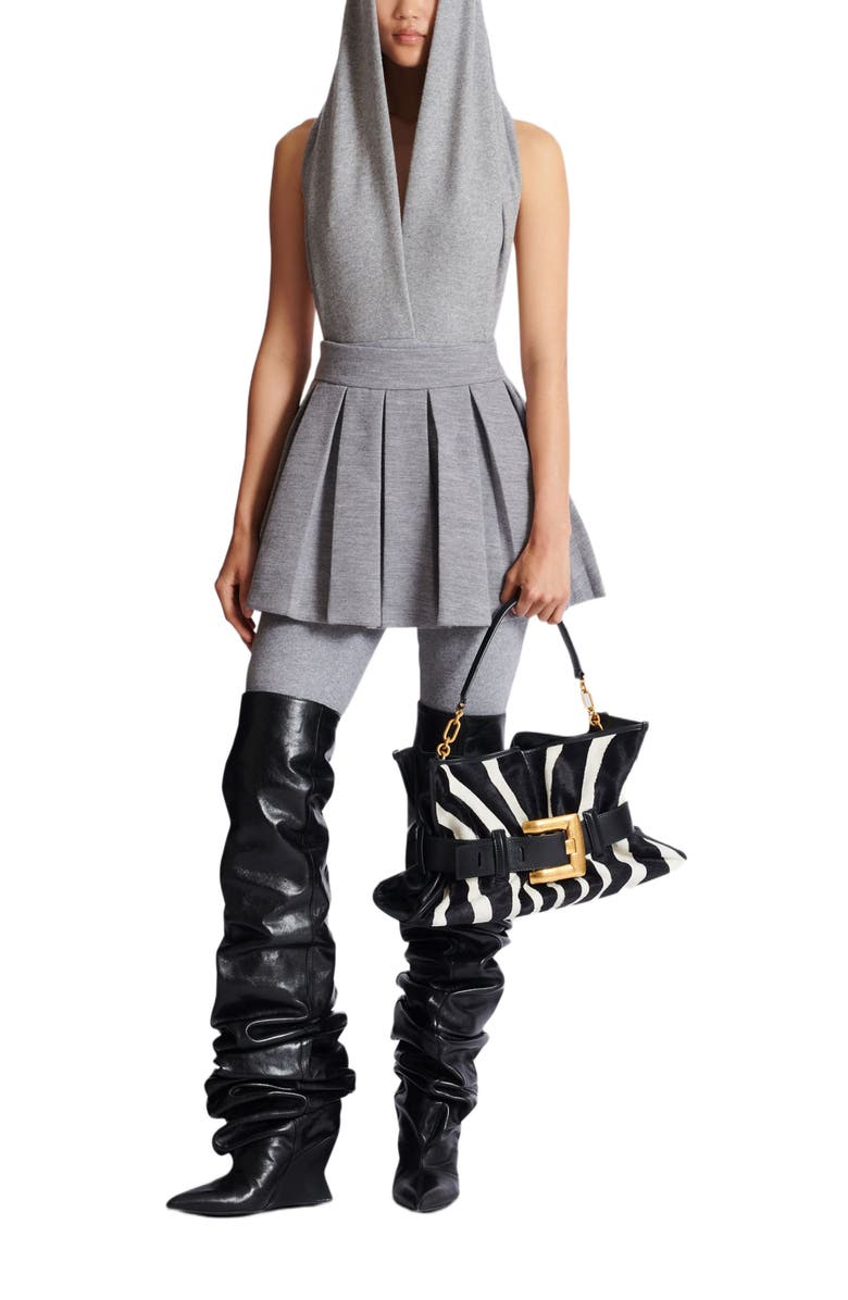 Balmain Short Pleated Cotton Knit Skirt, Alternate, color, Grey