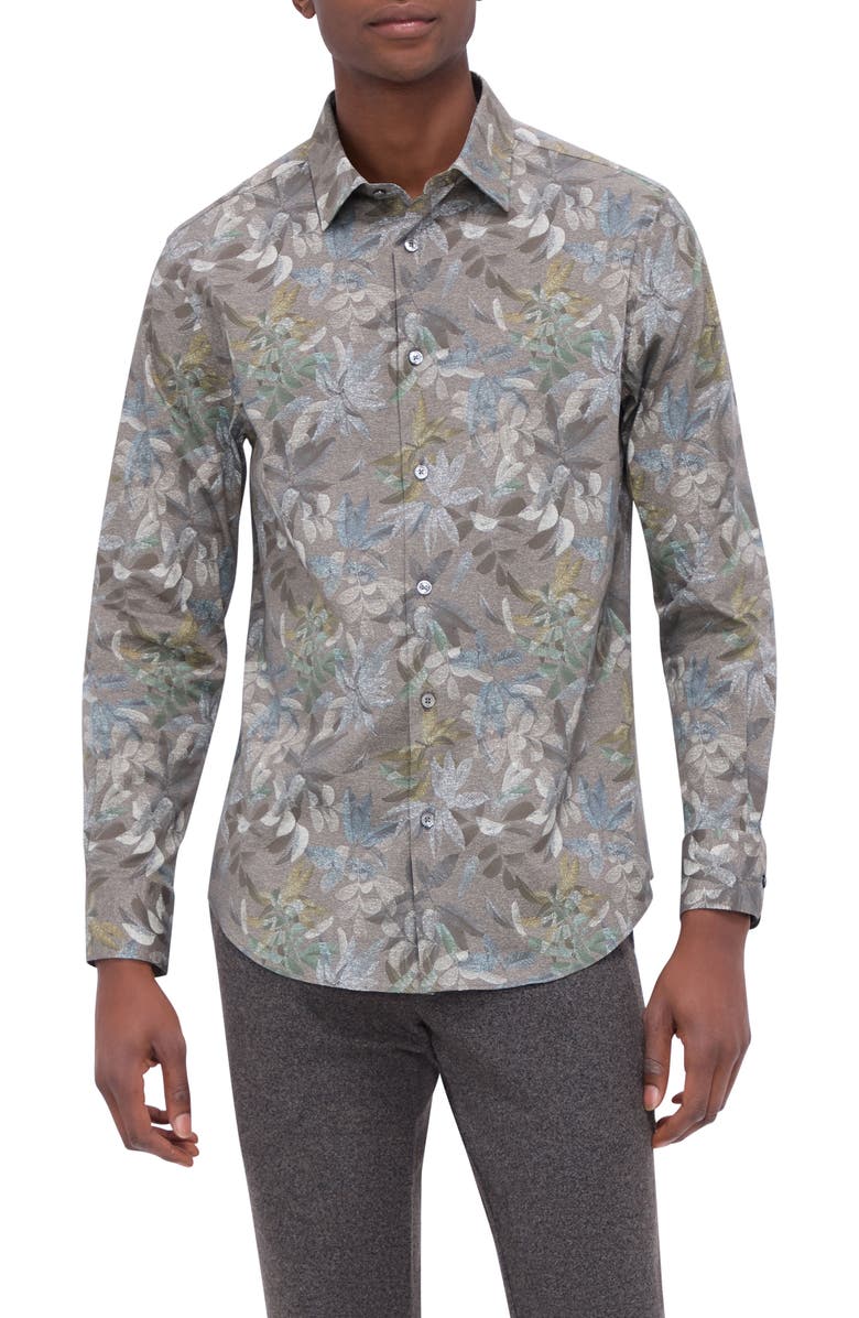 Bugatchi Julian Shaped Fit Leaf Print Button-Up Shirt, Main, color, 