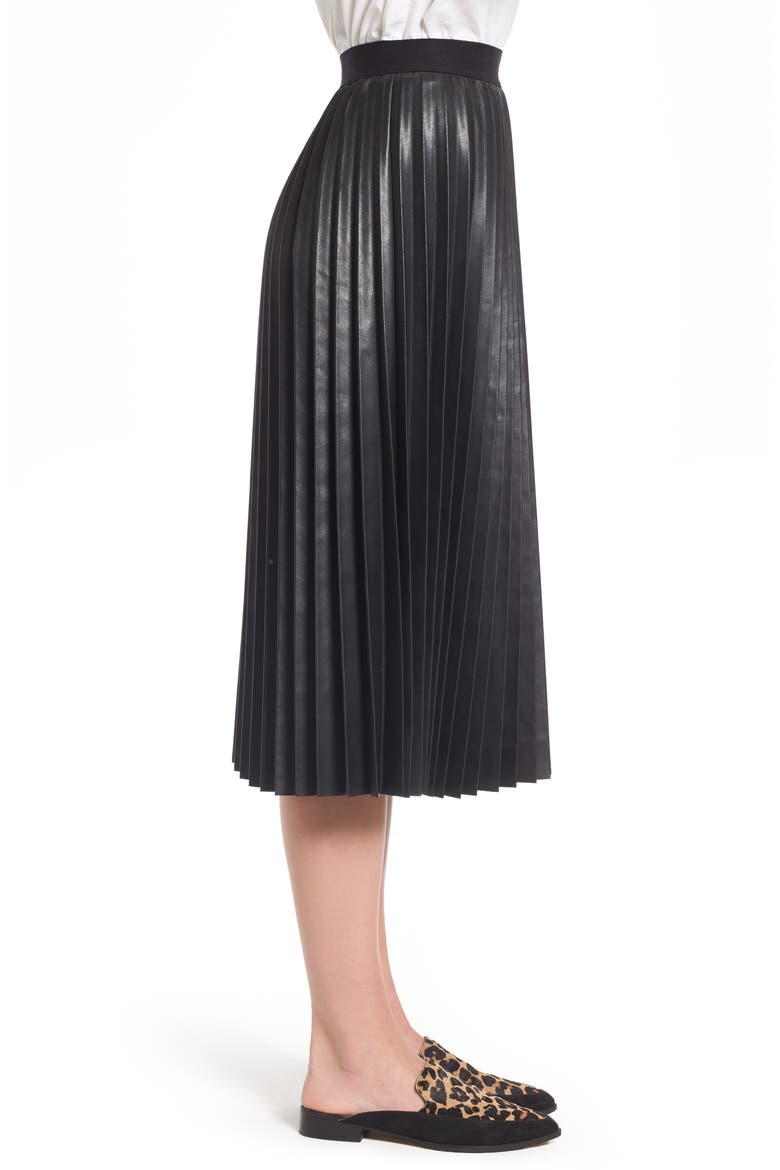 Pleat Faux Leather Skirt, Alternate, color, BLACK