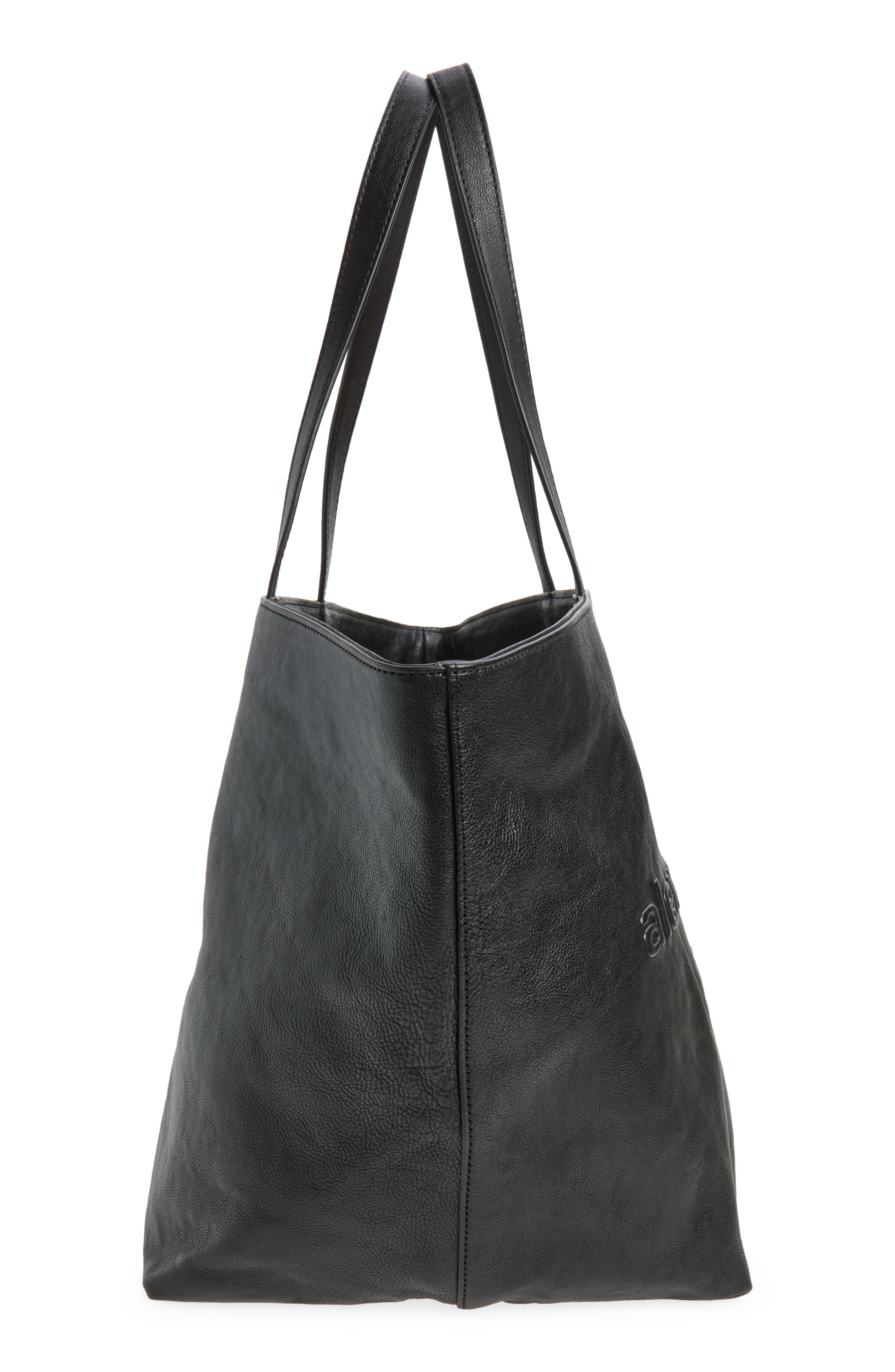 Punch Logo Crinkled Leather Tote, Alternate, color, BLACK