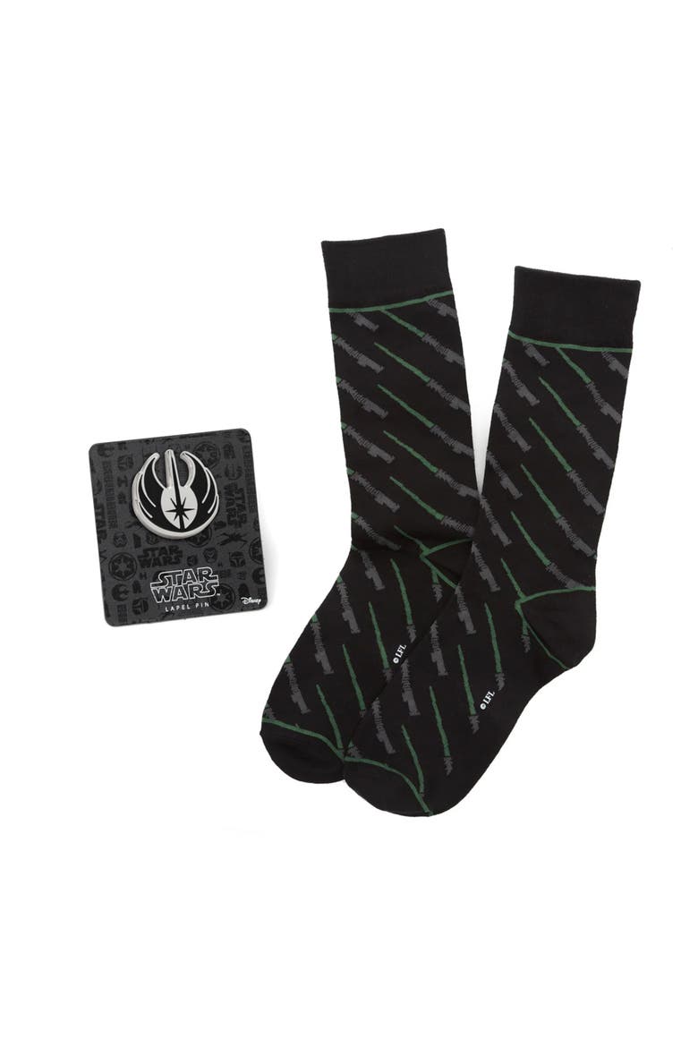 Green Lightsaber Socks & Jedi Lapel Pin Gift Set, Main, color, BLACK