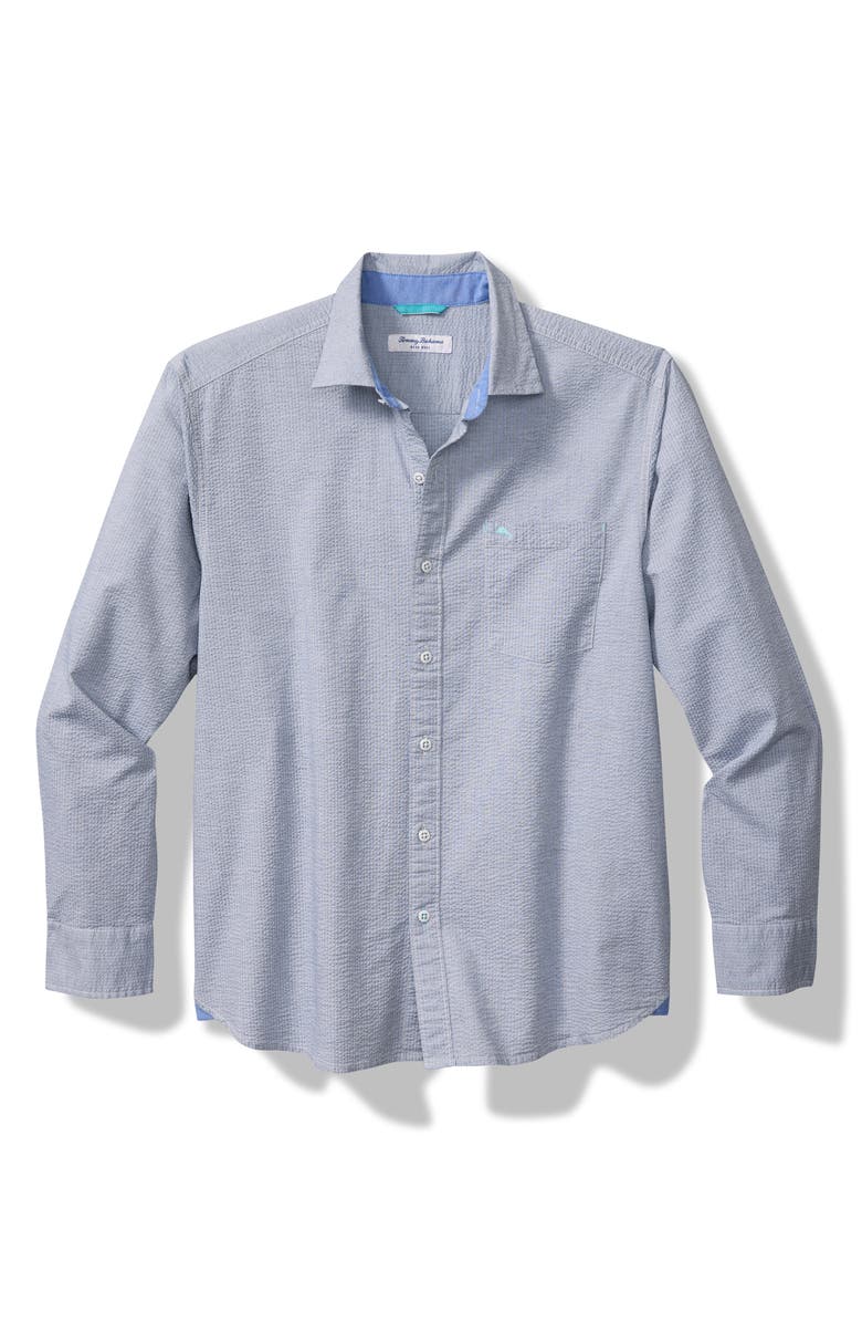 Tommy Bahama Nova Wave Solid Cotton Stretch Seersucker Button-Up Shirt, Main, color, Chambray Blue