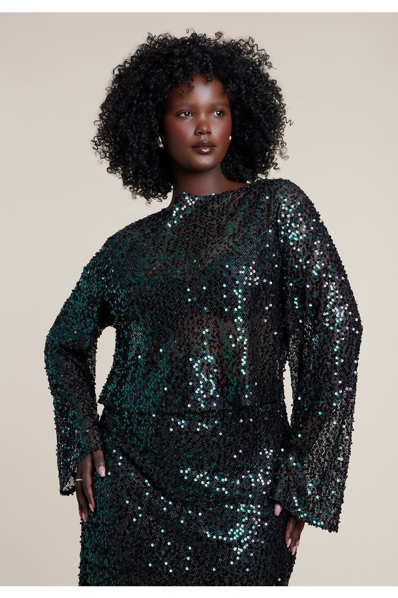 Boat Neck Sequin Crop Top, Alternate, color, FOREST BIOME