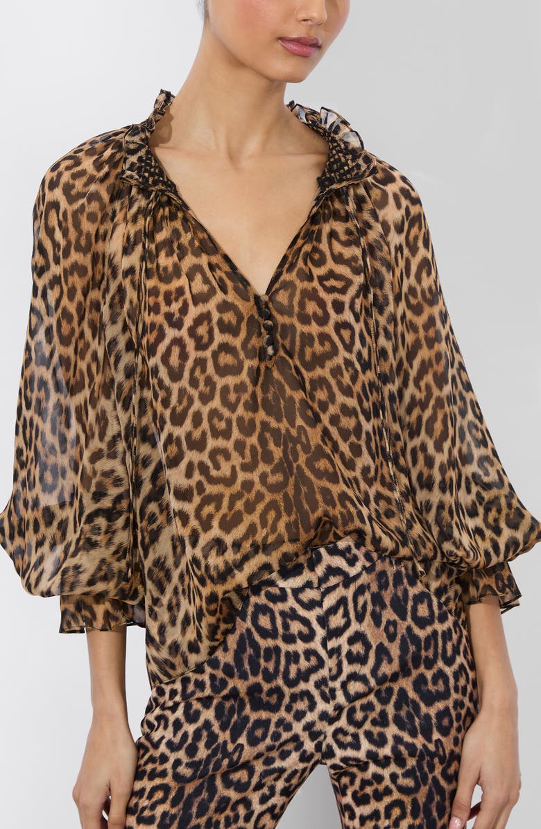 Alice + Olivia Norah Leopard Silk Peasant Top, Main, color,