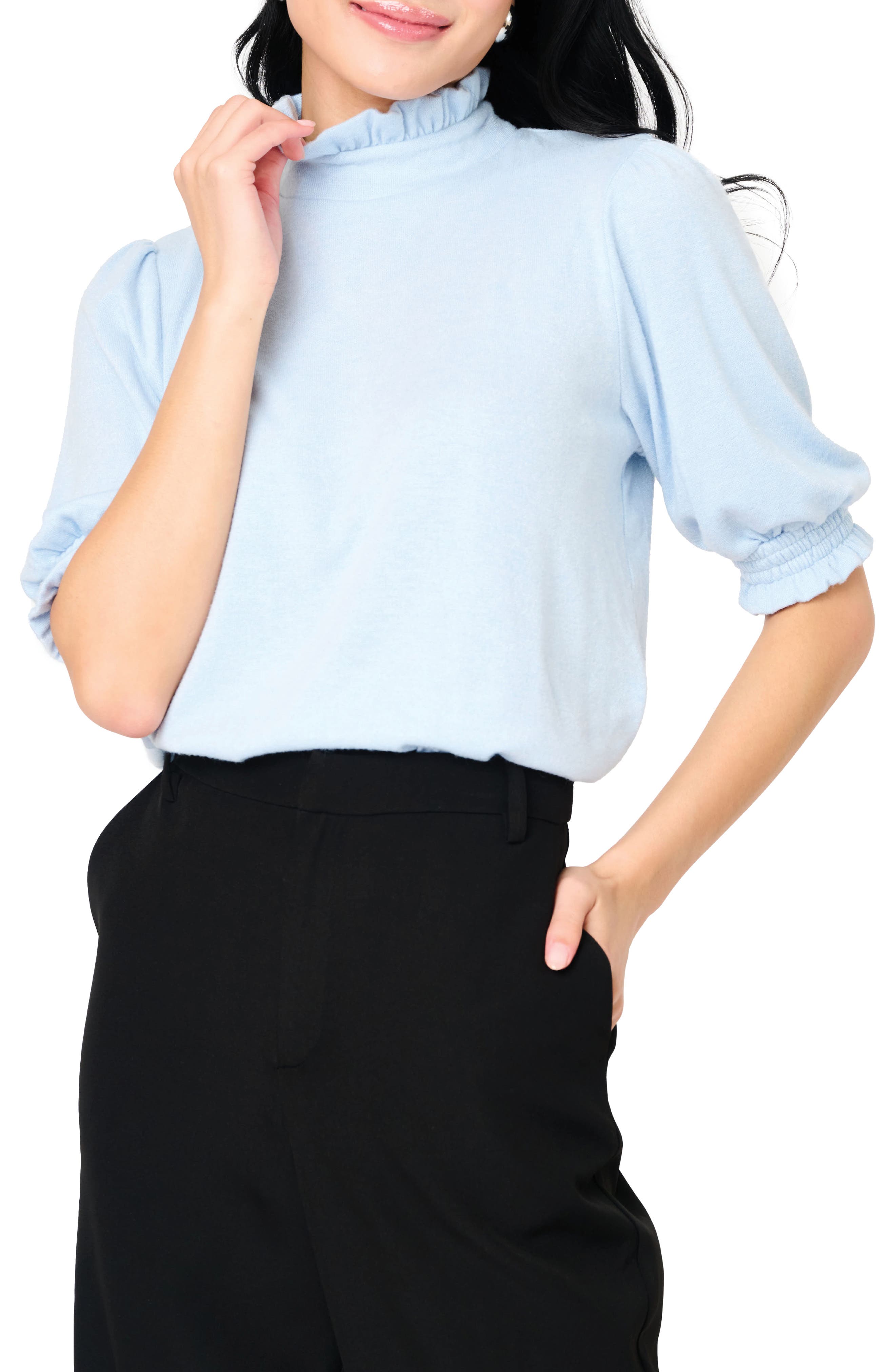 GIBSONLOOK Ruffle Mock Neck Puff Sleeve Sweater