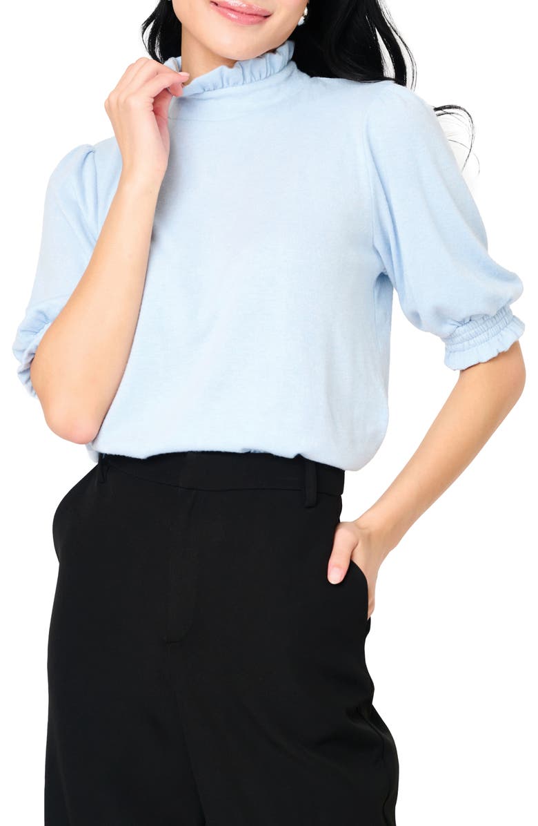 GIBSONLOOK Ruffle Mock Neck Puff Sleeve Sweater, Main, color, Cashmere Blue