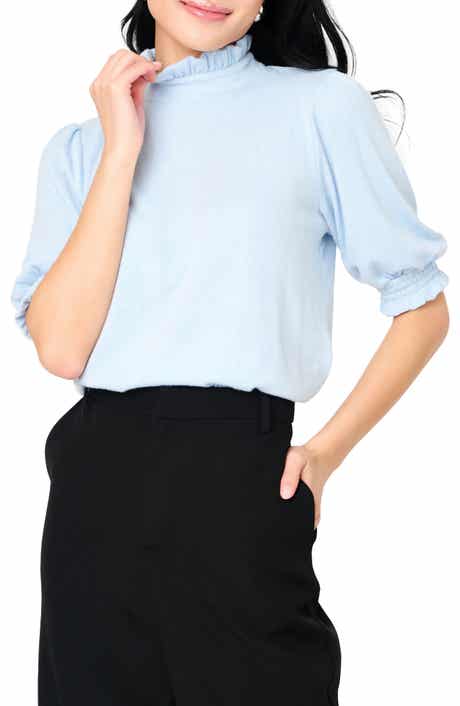 GIBSONLOOK Ruffle Mock Neck Puff Sleeve Sweater