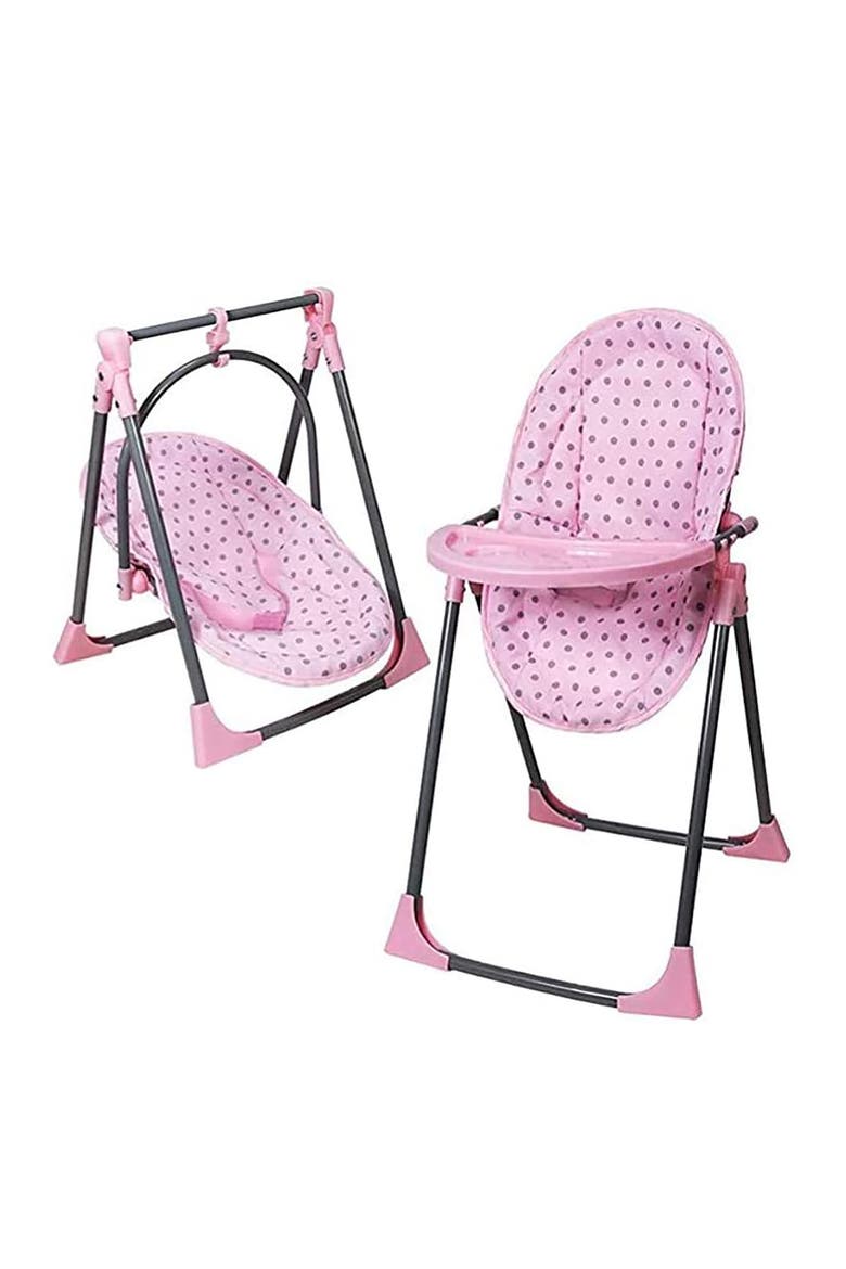 6 In 1 Convertible Highchair Play Set, Pink & Grey Polka Dot, Fits Up To 18 Inches, Alternate, color, Multicolored