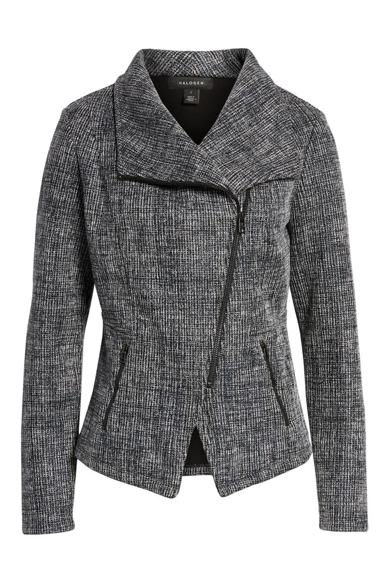 Bonded Tweed Asymmetrical Zip Jacket, Alternate, color, BLACK- IVORY TWEED