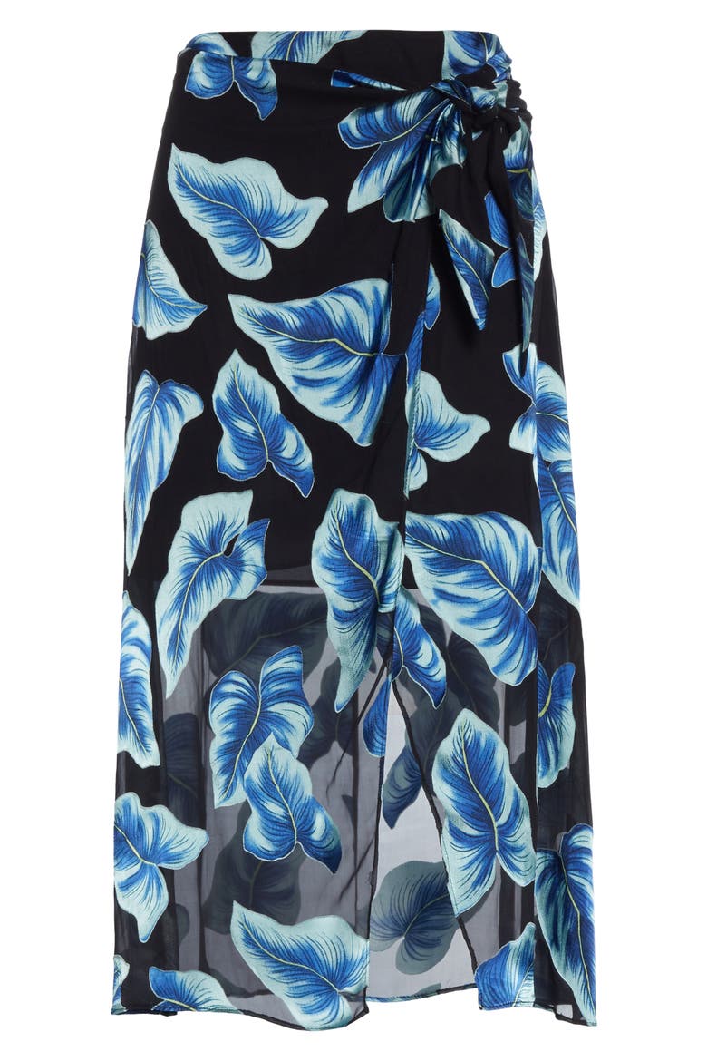 Lumi Tie Wrap Midi Skirt, Alternate, color, PARADISE LEAVES BLK/ BLUE