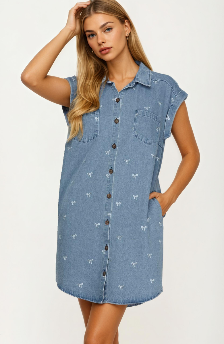 Knit and Lounge Embroidered Denim Shirt Dress with Button Front, Main, color, 