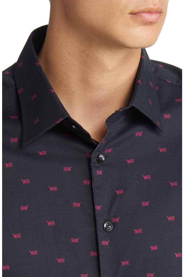 Men's Tiger Print Stretch Cotton Button-Up Shirt, Alternate, color, BLACK