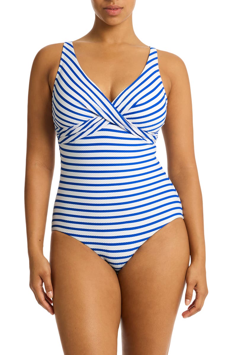 Sea Level Stripe Cross Front Multifit One-Piece Swimsuit, Main, color,