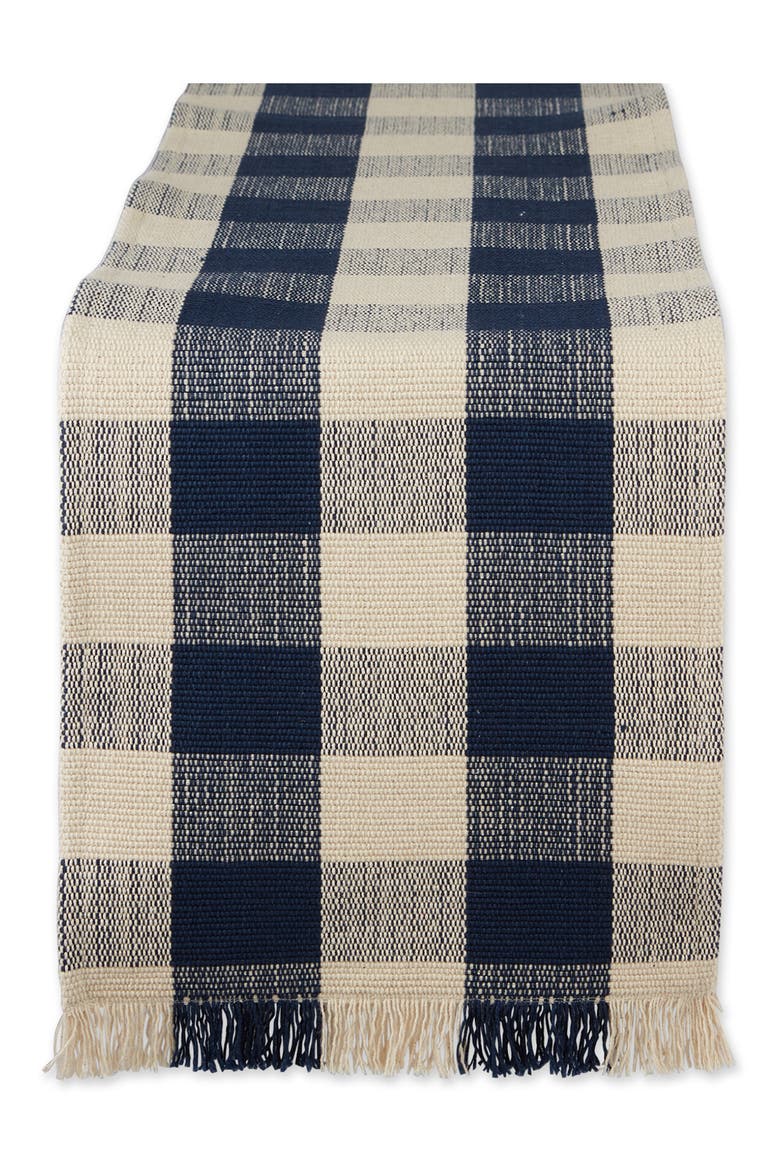 Checkered Fringe Cotton Table Runner, Main, color, BLUE