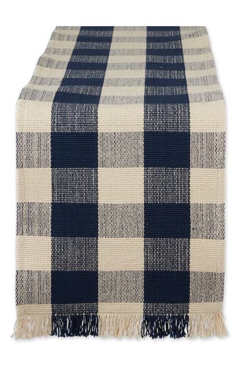 Design Imports Checkered Fringe Cotton Table Runner In Blue