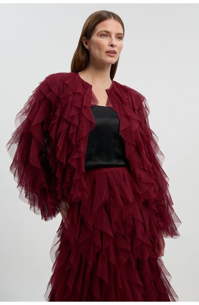 Karen Millen Tulle Ruffle Detail Woven Jacket, Main, color, Cabernet
