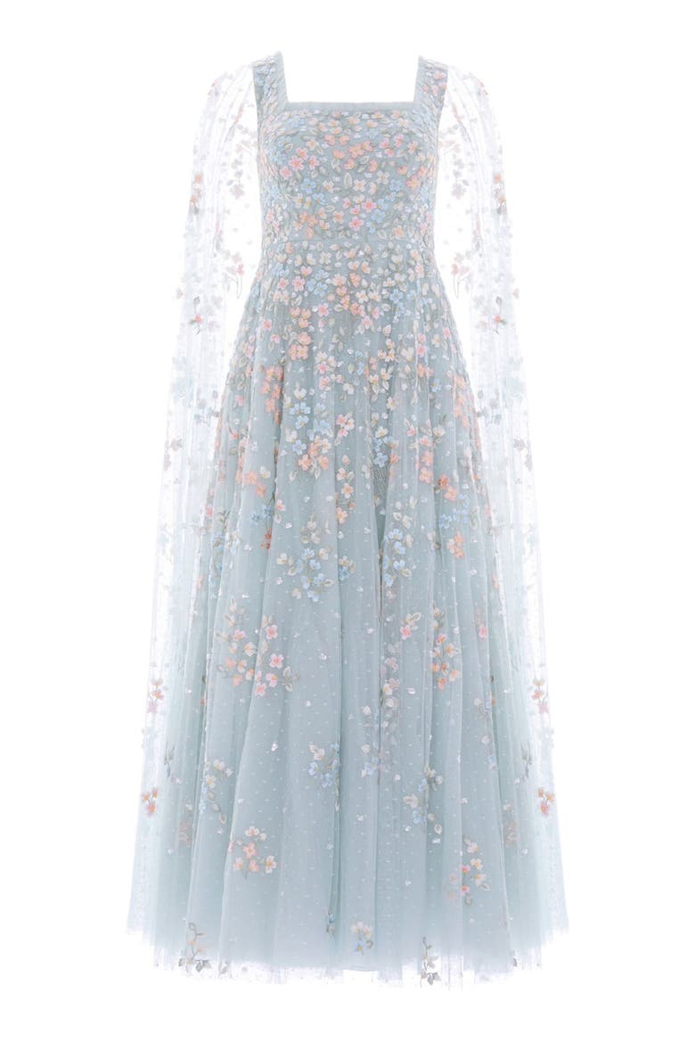 Versailles Ditsy Cape Sleeve Ankle Gown, Alternate, color, French Blue