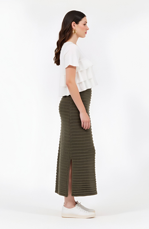Modenaire Textured Knit Midi Skirt With Ribbed Stripe Pattern And Back Slit In Brown