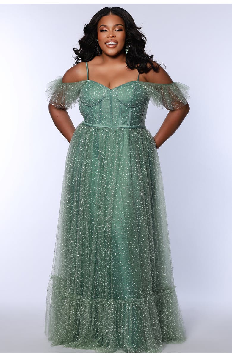 Sydney's Closet V-Neckline Flutter Sleeve Slim A-line Plus Size Gown, Main, color, Sage
