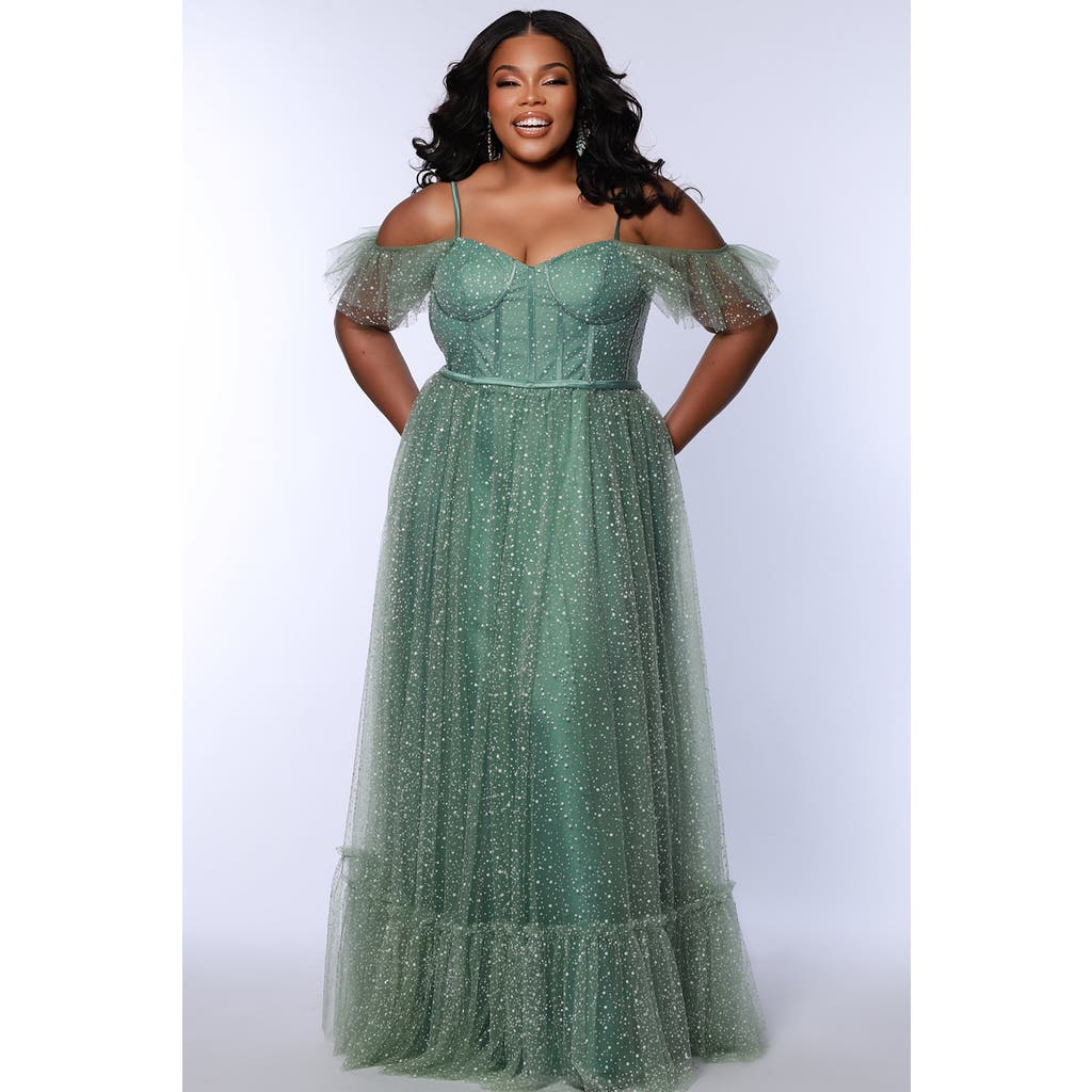 Sydney's Closet V-neckline Flutter Sleeve Slim A-line Plus Size Gown In Sage