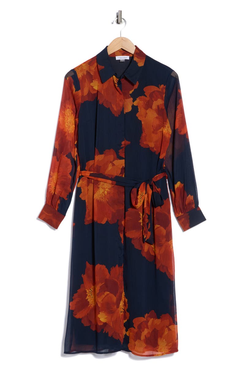 Calvin Klein Long Sleeve Chiffon Midi Dress, Main, color, Indigo Multi