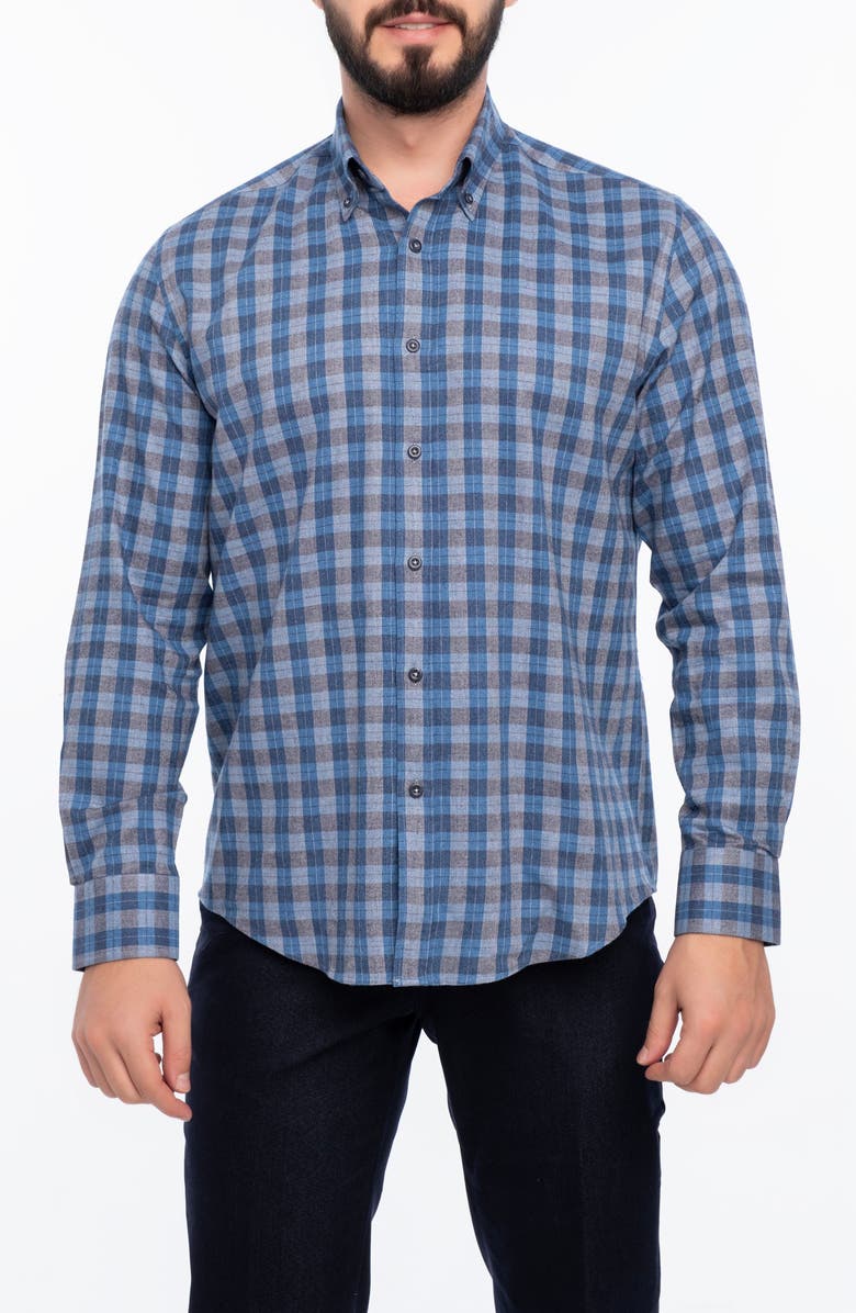 VELLAPAIS Plaid Brushed Cotton Slim Fit Button Down Shirt, Main, color, Blue