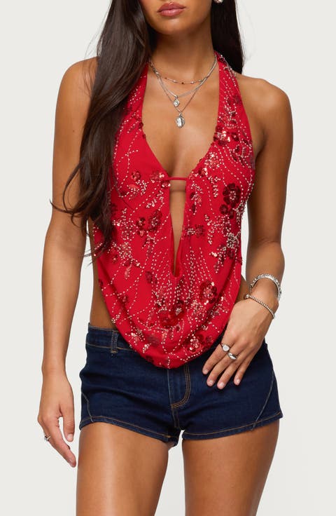 Beaded Cowl Neck Open Back Halter Top