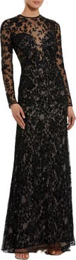 Mac Duggal Long Sleeve Floral Embellished Gown