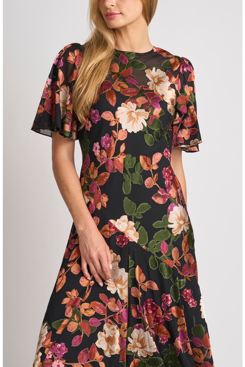 Thera Floral Midi Dress, Alternate, color, RICH BLACK