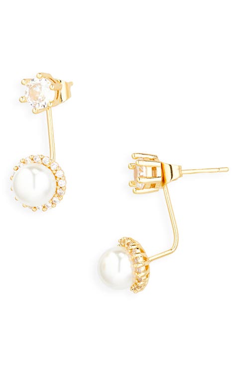 Cubic Zirconia & Faux Pearl Drop Front/Back Earrings