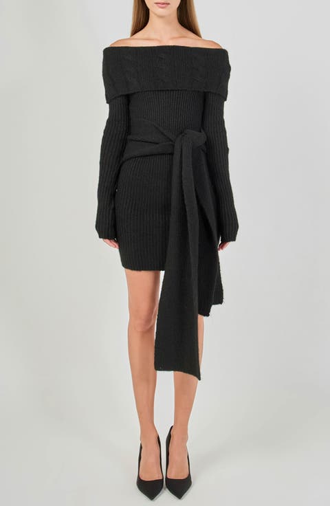 Off the Shoulder Long Sleeve Cable Stitch Sweater Dress with Tie