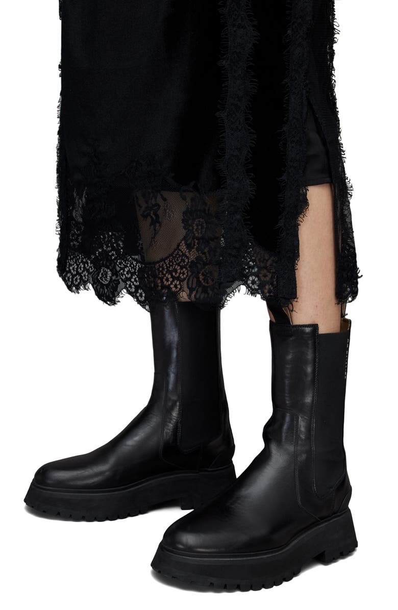 AllSaints Mila Lace Trim Velvet Midi Skirt, Alternate, color,