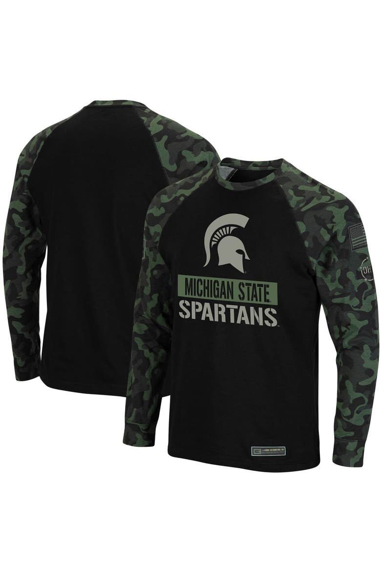Men's Colosseum Black/Camo Michigan State Spartans OHT Military Appreciation Big & Tall Raglan Long Sleeve T-Shirt, Main, color, Black