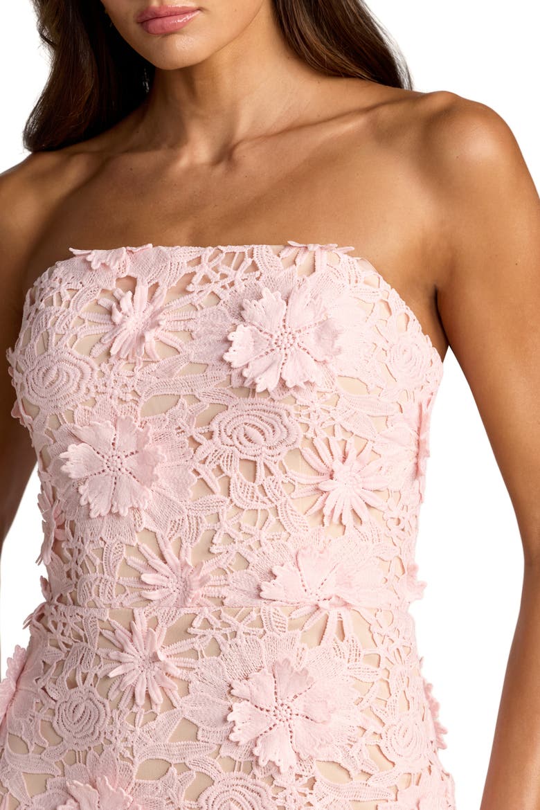 Strapless Lace Floral Detail Fitted Midi Dress, Alternate, color, Blush
