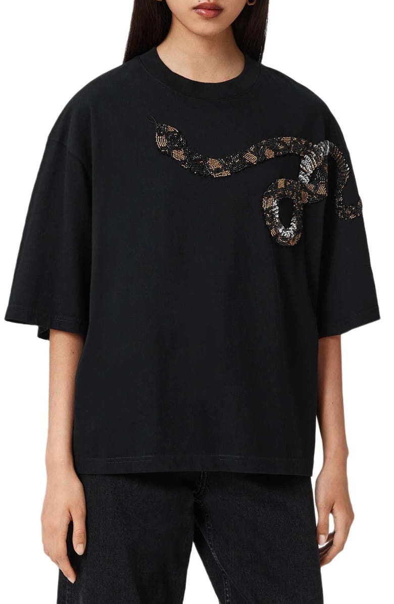 AllSaints Ouros Amelie Embellished Cotton T-Shirt, Main, color, Black