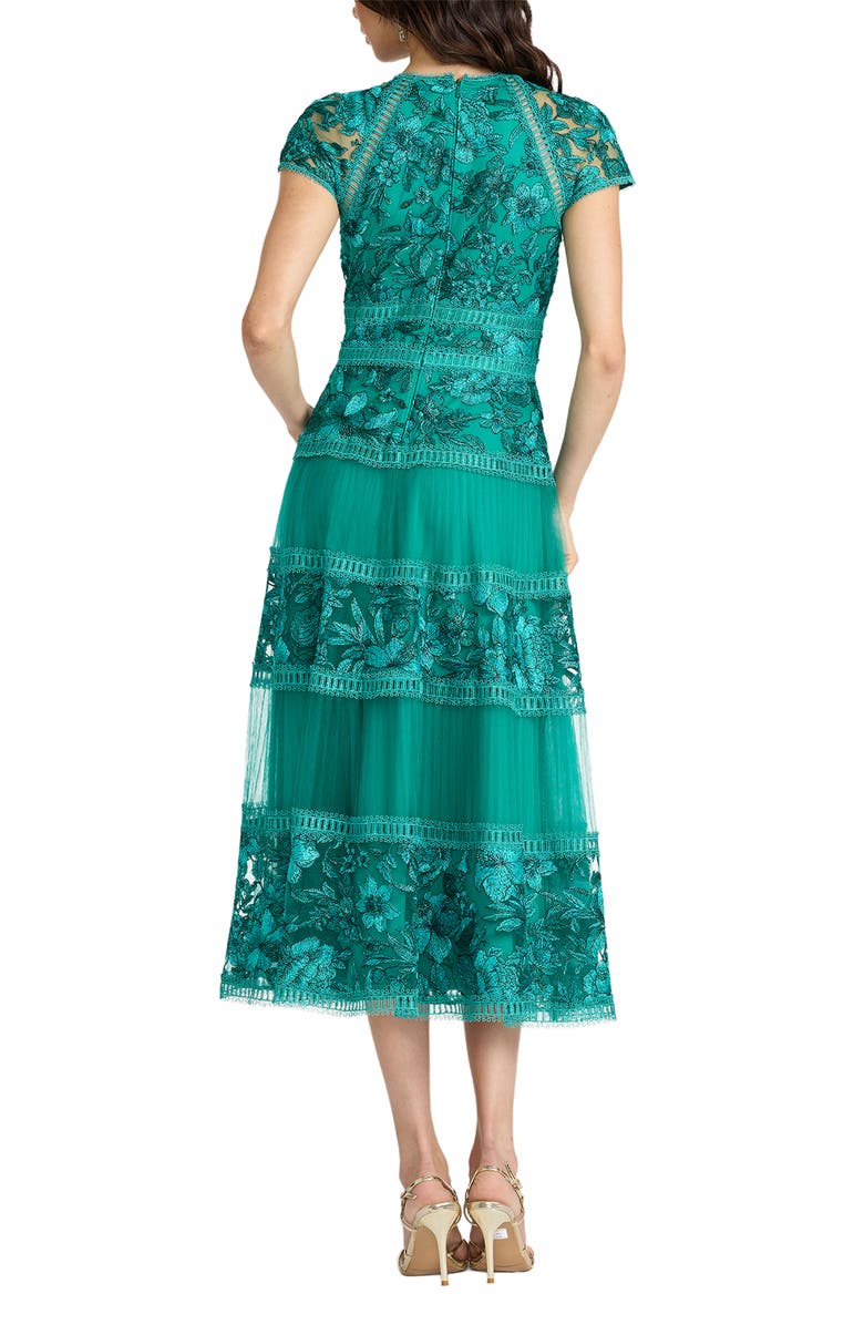 Tadashi Shoji Embroidered Lace Trim Tiered Cocktail Dress, Alternate, color, Emerald