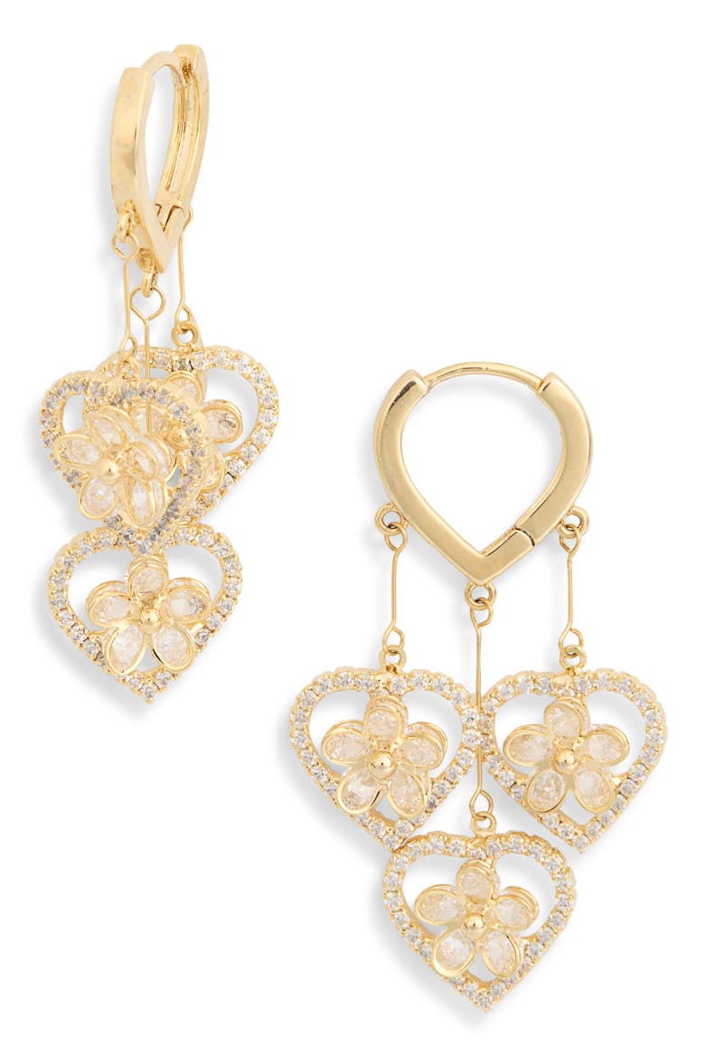 Nyomi Cubic Zirconia Flower & Heart Drop Huggie Hoop Earrings, Main, color, GOLD