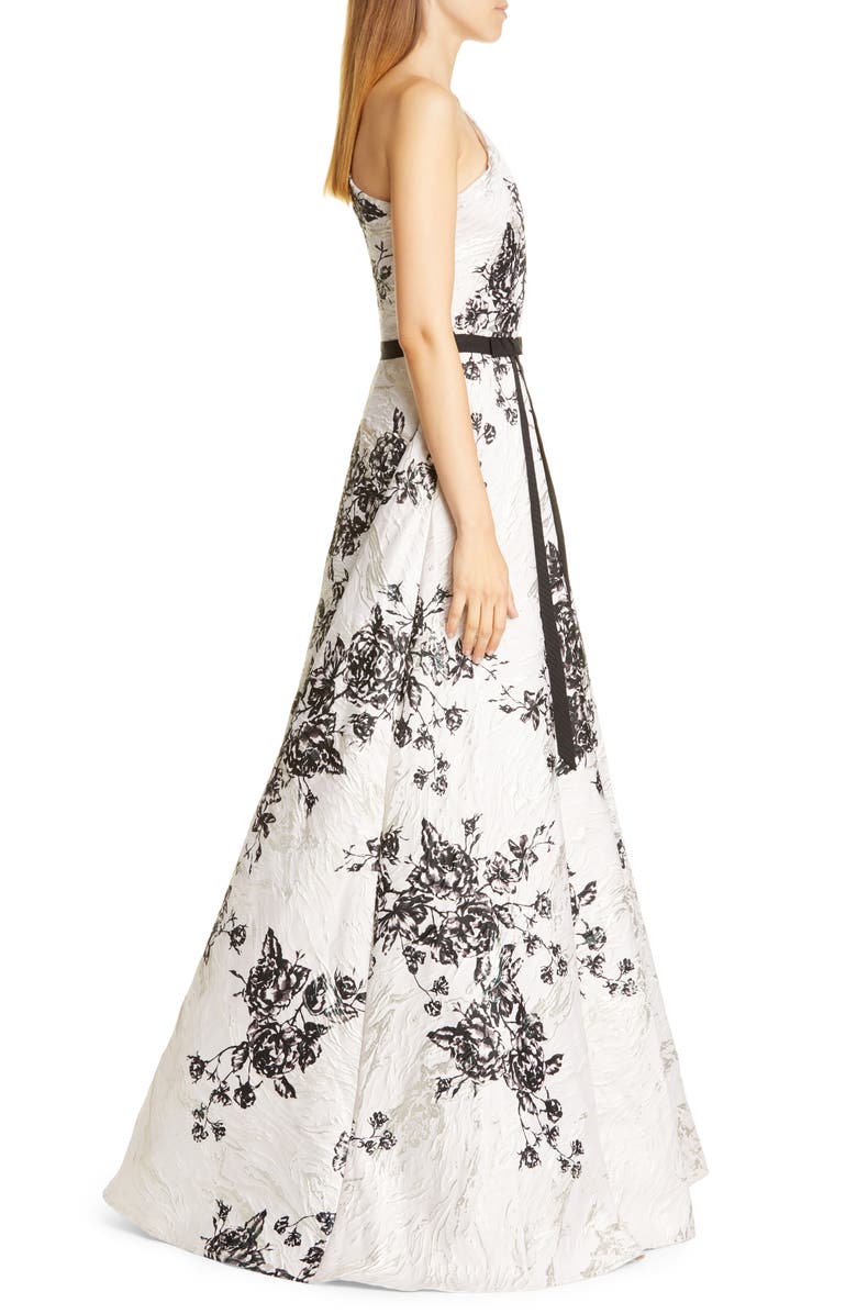 Marchesa Notte One-Shoulder Metallic Floral Ballgown, Alternate, color,