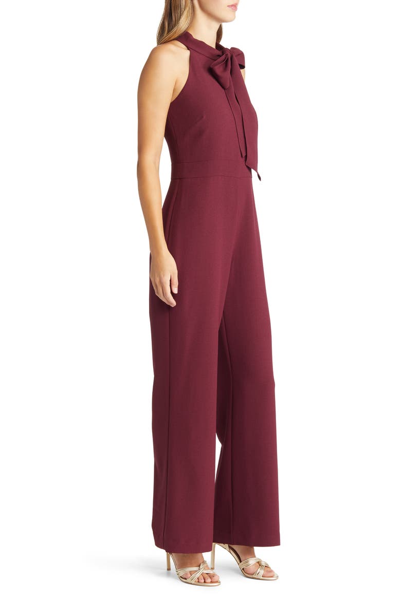 Bow Neck Stretch Crepe Jumpsuit, Alternate, color, MERLOT