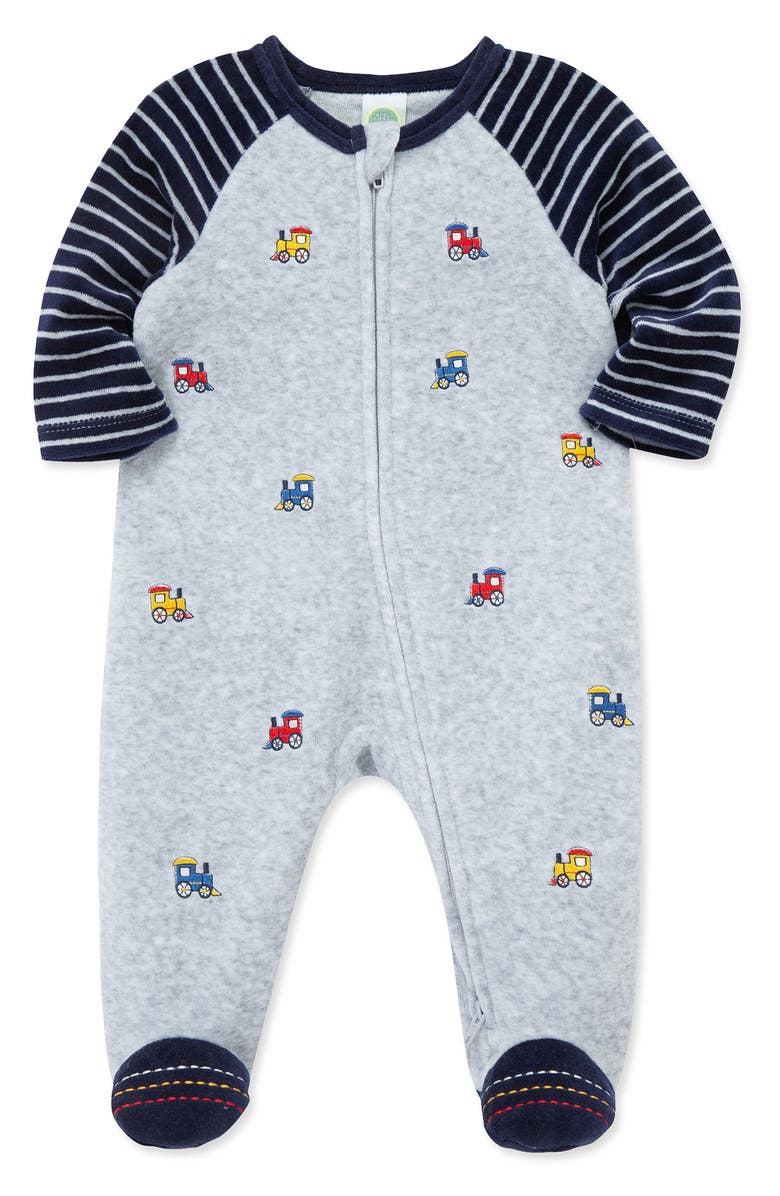 Little Me Trains Velour Footie, Alternate, color, Heather Gray