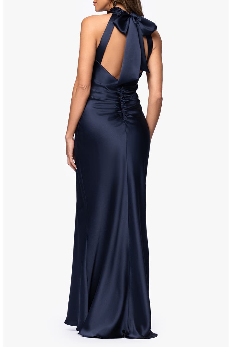 Halter Neck Satin Sheath Gown, Alternate, color, NAVY