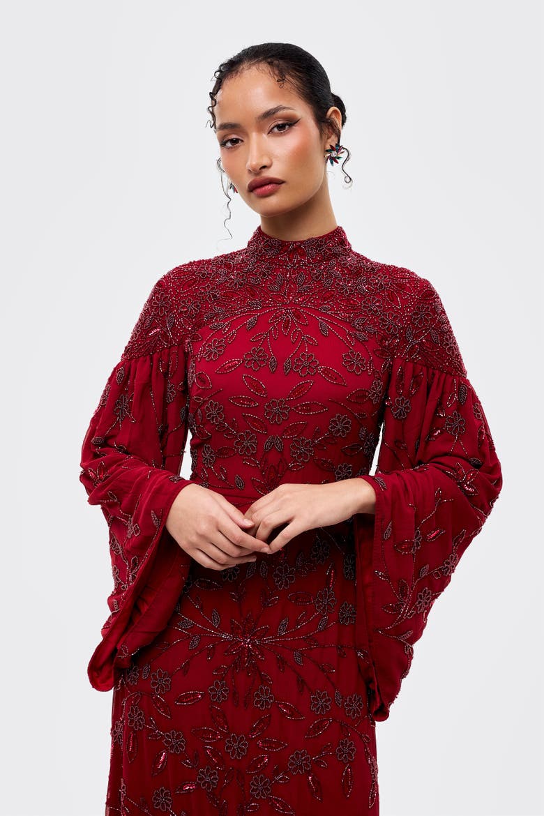 Modest Embellished Sequins High Neck Gown, Alternate, color, MAROON