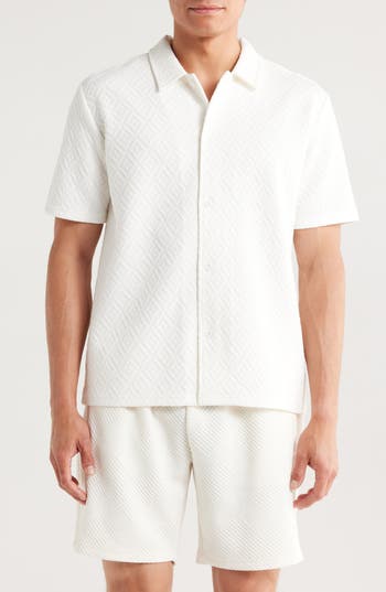 Fleece Factory Geometric Jacquard Short Sleeve Button-down Shirt