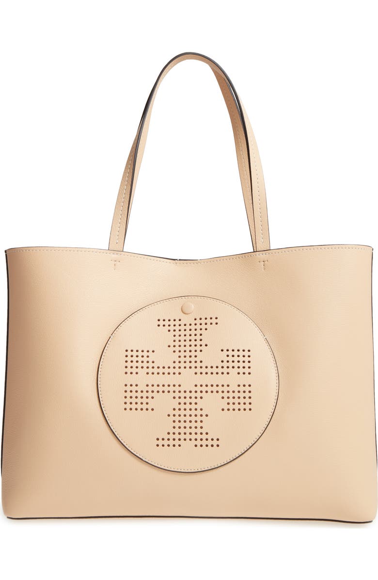 Tory Burch Perforated Logo Leather Tote, Main, color, Sand Dune/ Tory Navy
