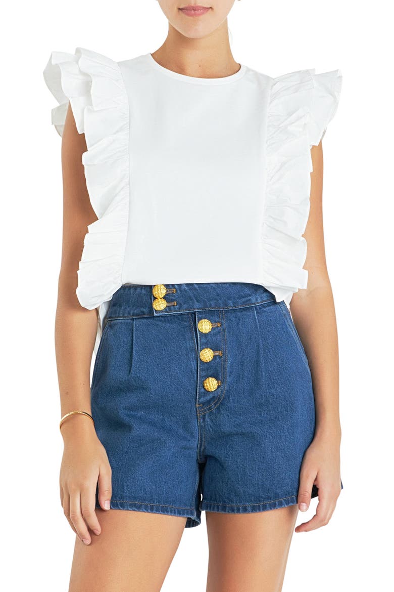 Poplin Ruffle Trim Knit Top, Main, color, WHITE