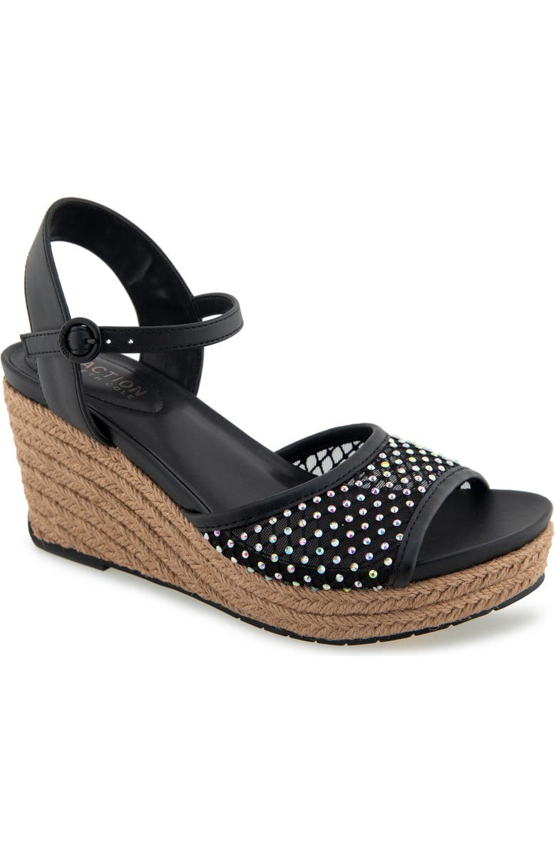 Reaction Kenneth Cole Caegan Rhinestone Mesh Espadrille Wedge Sandal, Main, color, Black Mesh