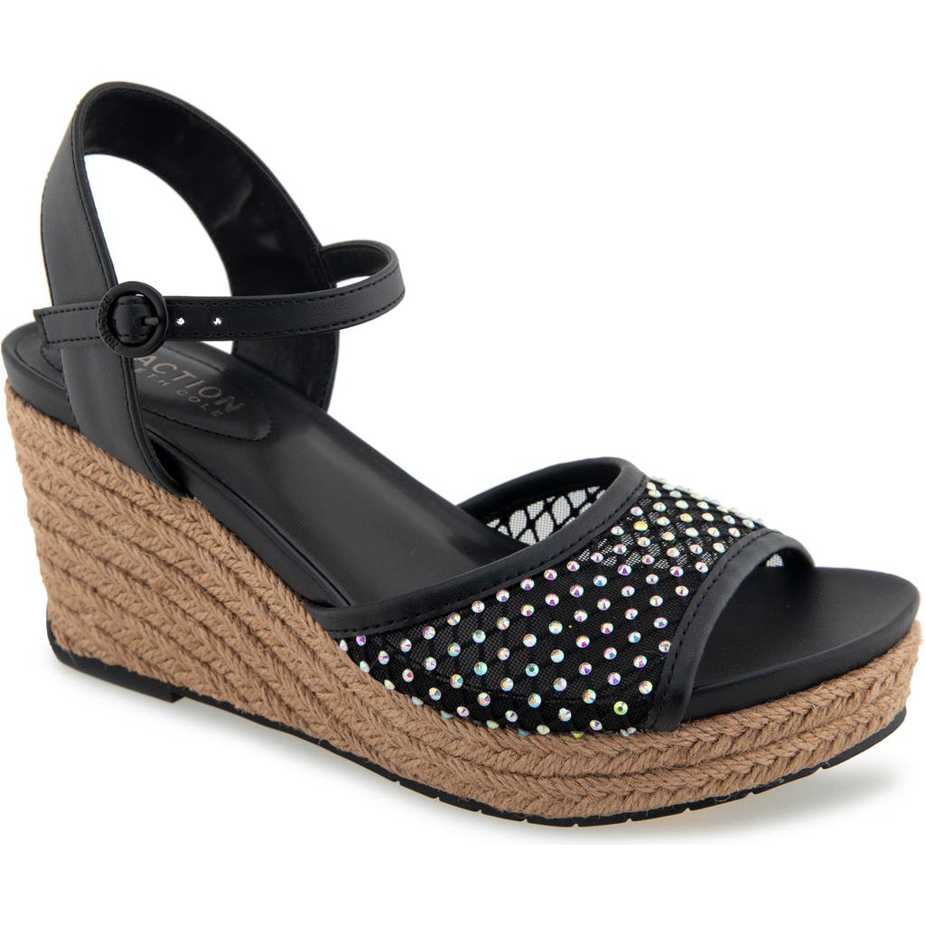 Reaction Kenneth Cole Caegan Rhinestone Mesh Espadrille Wedge Sandal In Black Mesh