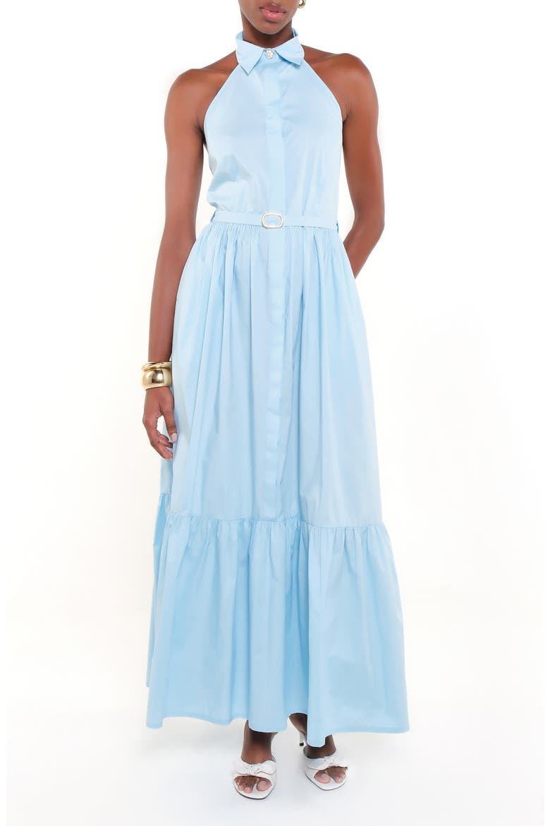 The Horizon Belted Ruffle Hem Sleeveless Maxi Dress, Main, color, BABY BLUE 20