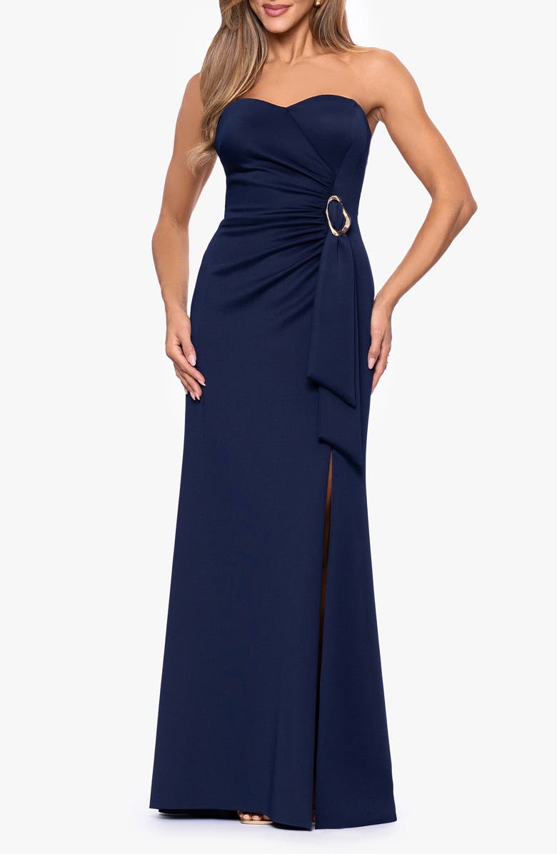 Xscape Evenings Belt Detail Strapless Scuba Gown, Main, color, Midnight