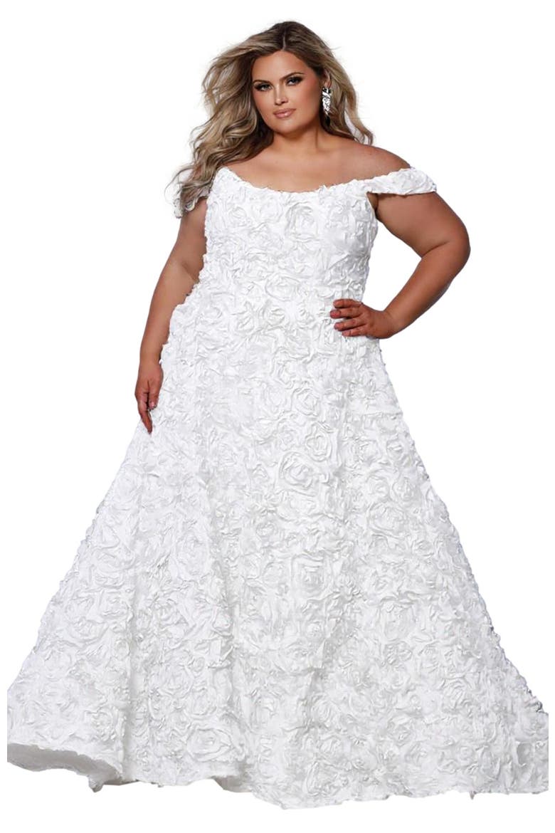 Off-The-Shoudler A-Line Plus Size Evening Gown, Alternate, color, Ivory
